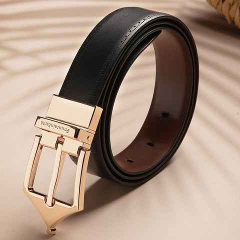 Classic Brogue Pattern Reversible Leather Belt (Midnight Gold) - FountainEarth