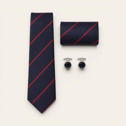Blue Diagonal Stripe Tie Set — Tie, Pocket Square, Cufflinks - FountainEarth