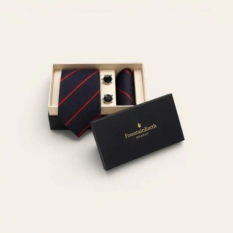 Blue Diagonal Stripe Tie Set — Tie, Pocket Square, Cufflinks - FountainEarth