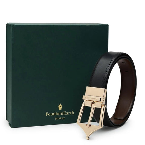 Classic Brogue Pattern Reversible Leather Belt (Midnight Gold) - FountainEarth