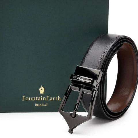 Classic Brogue Reversible Leather Belt (Midnight Black) - FountainEarth