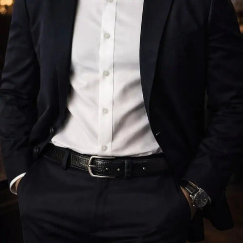 Classic Croco Leather Belt — Machine - Embossed, Formal Pin Buckle - FountainEarth