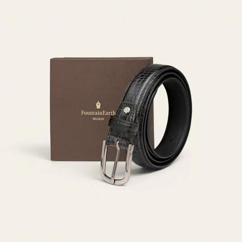 Classic Croco Leather Belt — Machine - Embossed, Formal Pin Buckle - FountainEarth