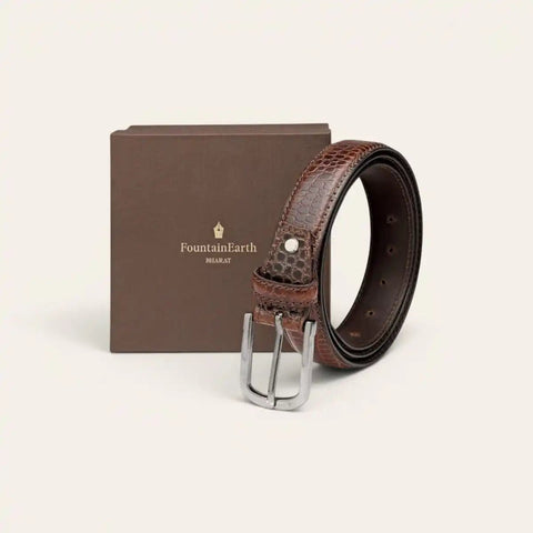 Classic Croco Leather Belt — Machine - Embossed, Formal Pin Buckle - FountainEarth