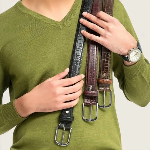 Classic Croco Leather Belt — Machine - Embossed, Formal Pin Buckle - FountainEarth