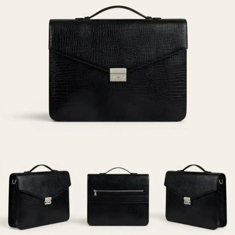 Croco Leather Briefcase Sling Bag — Unisex, 15" Laptop, Trolley Strap - FountainEarth