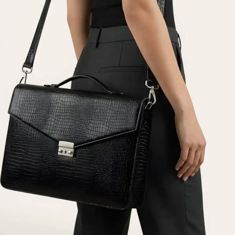 Croco Leather Briefcase Sling Bag — Unisex, 15" Laptop, Trolley Strap - FountainEarth