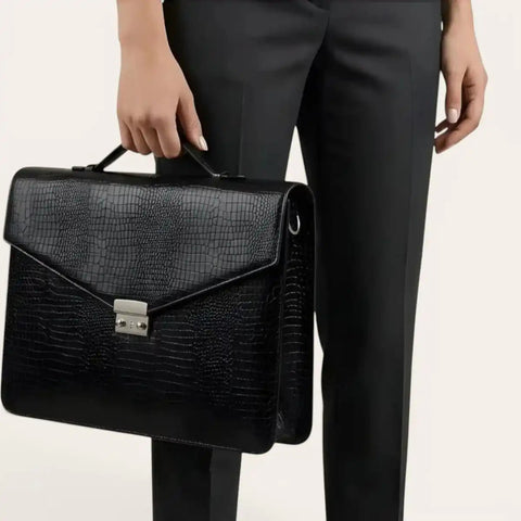 Croco Leather Briefcase Sling Bag — Unisex, 15" Laptop, Trolley Strap - FountainEarth