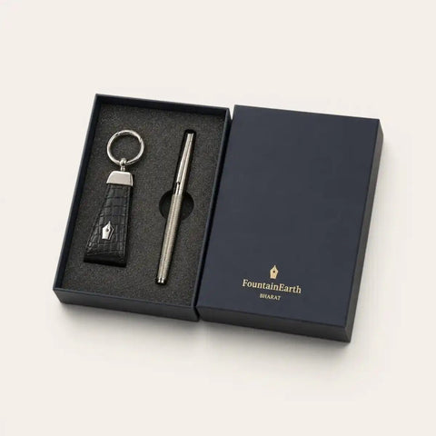Croco Leather Keyring + Gunmetal Brass Pen Gift Set - FountainEarth