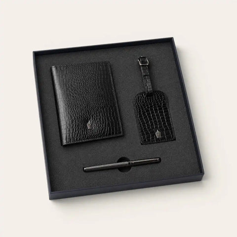 Croco Passport Wallet + Luggage Tag + Brass Pen Travel Set - FountainEarth