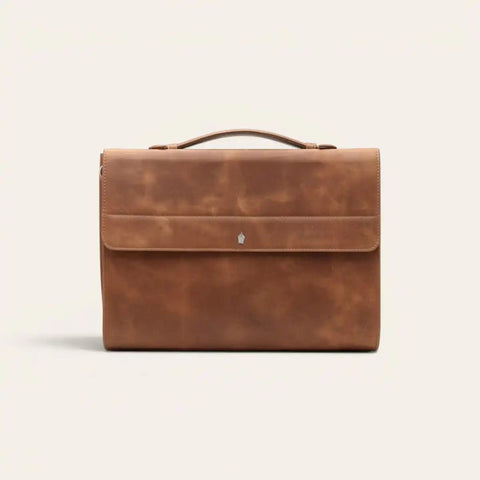 Crunch Leather Office Briefcase — Fits 15 - inch Laptop, Magnetic Flap - FountainEarth