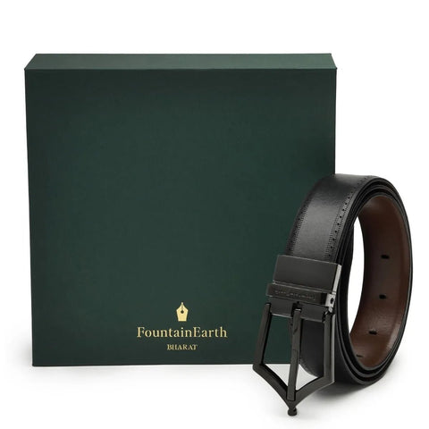 Executive Brogue Reversible Leather Belt (Midnight Black) - FountainEarth