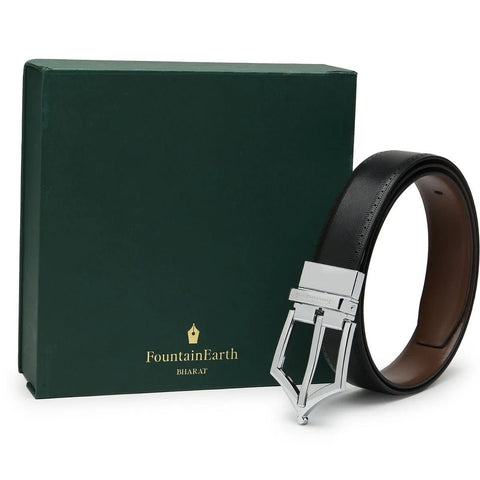 Executive Brogue Reversible Leather Belt (Midnight Silver) - FountainEarth