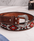 FountainEarth Red & White Diamond Beaded Leather Belt — Heritage, Handcrafted - FountainEarth