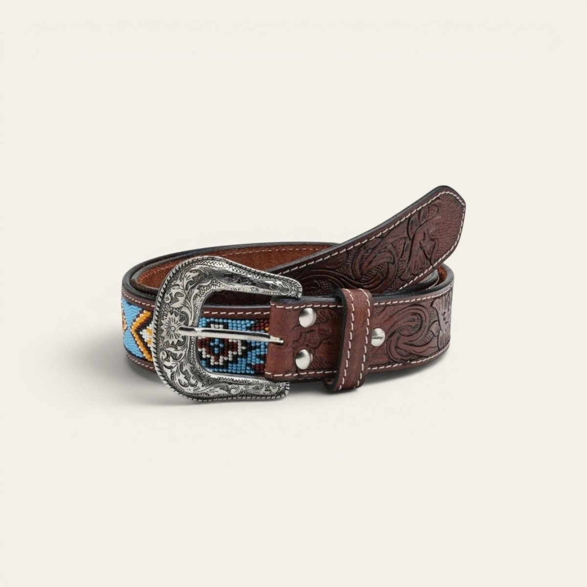 4339 Leather Beaded Earth Tone Belt Brown 2 Inch Hand-Tooled Artesanal Beaded Leather Belt – Texas  main image 4
