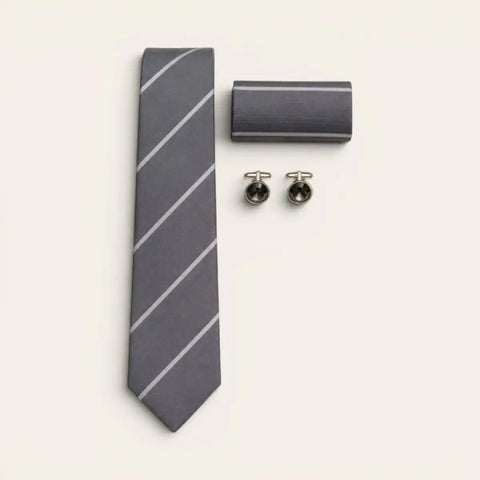 Grey Diagonal Stripe Tie Set — Tie, Pocket Square, Cufflinks - FountainEarth
