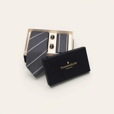 Grey Diagonal Stripe Tie Set — Tie, Pocket Square, Cufflinks - FountainEarth
