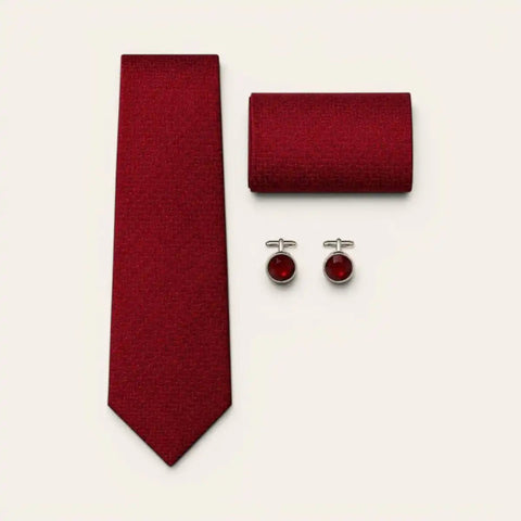 Maroon Self - Pattern Tie Set — Tie, Pocket Square, Cufflinks - FountainEarth