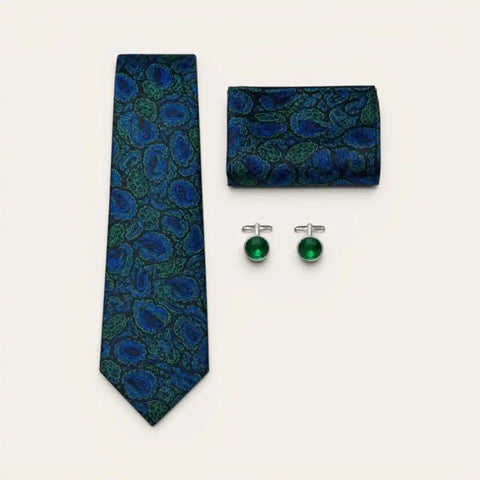 Navy Abstract Print Tie Set — Tie, Pocket Square, Cufflinks - FountainEarth