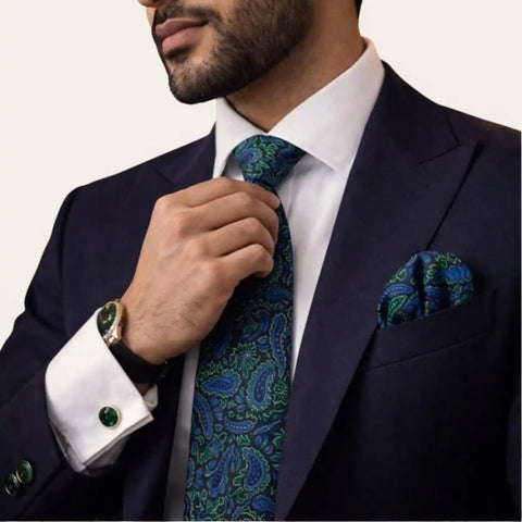 Navy Abstract Print Tie Set — Tie, Pocket Square, Cufflinks - FountainEarth