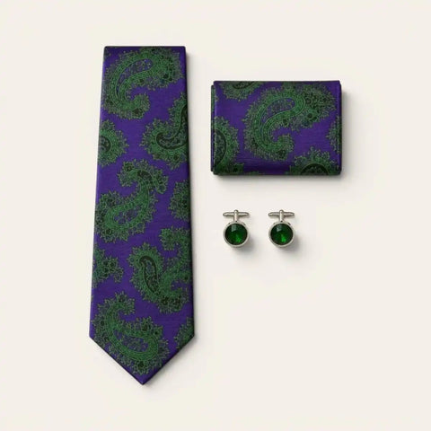 Purple Abstract Print Tie Set — Tie, Pocket Square, Cufflinks - FountainEarth