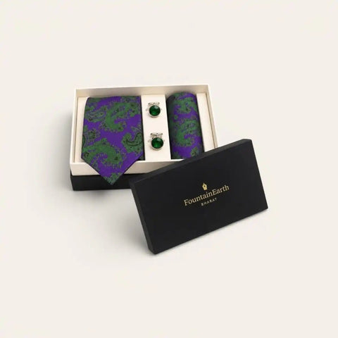 Purple Abstract Print Tie Set — Tie, Pocket Square, Cufflinks - FountainEarth