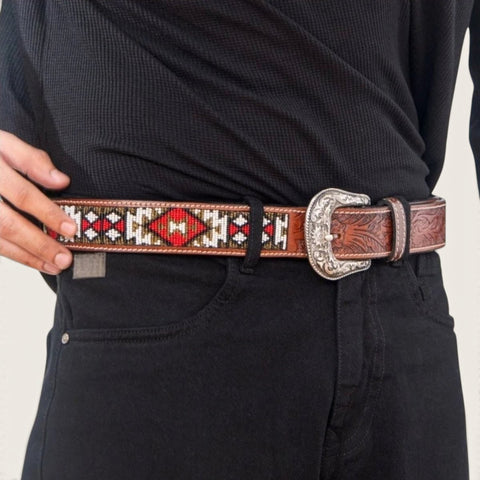 Red & White Diamond Beaded Belt - FountainEarth
