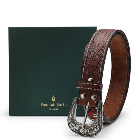 Red & White Diamond Beaded Leather Belt - FountainEarth