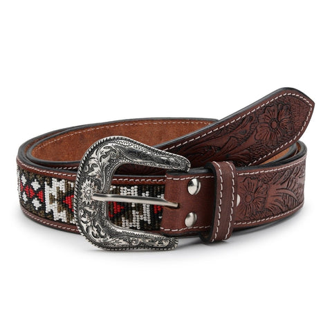 Red & White Diamond Beaded Leather Belt - FountainEarth