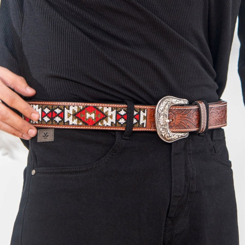 Red & White Diamond Beaded Leather Belt - FountainEarth