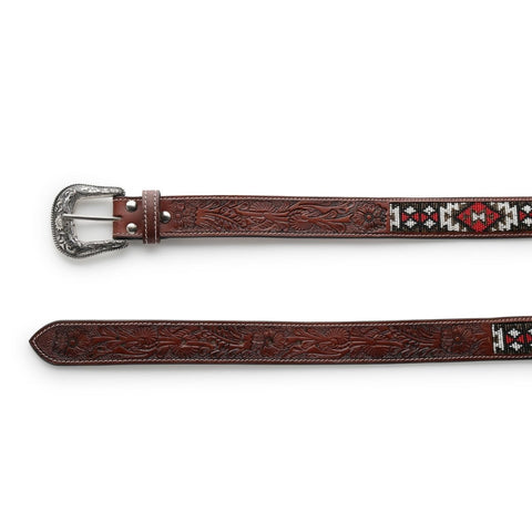 Red & White Diamond Beaded Leather Belt - FountainEarth