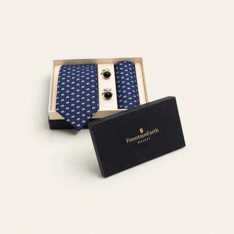 Royal Blue Elephant Print Tie Set — Tie, Pocket Square, Cufflinks - FountainEarth