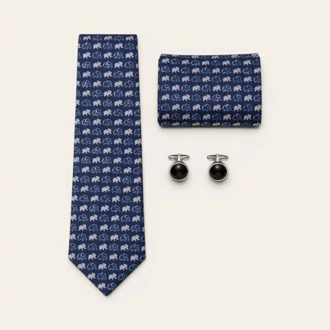 Royal Blue Elephant Print Tie Set — Tie, Pocket Square, Cufflinks - FountainEarth