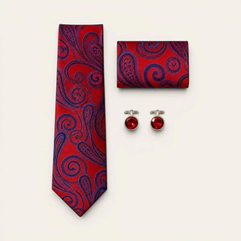 Ruby Paisley Tie Set — Tie, Pocket Square, Cufflinks - FountainEarth