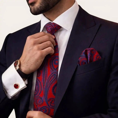 Ruby Paisley Tie Set — Tie, Pocket Square, Cufflinks - FountainEarth